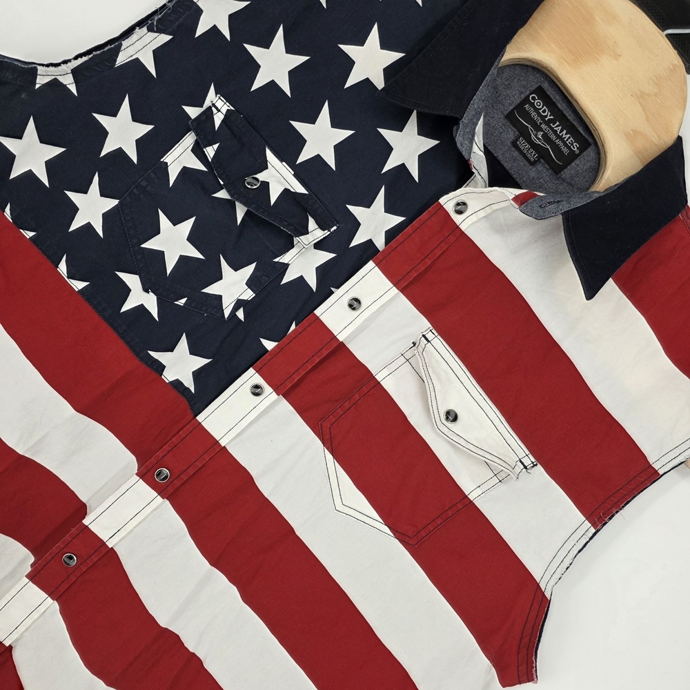 Cody James American Flag Bubba Sleeveless Shirt Mens 2XL Pearl Snap Western USA